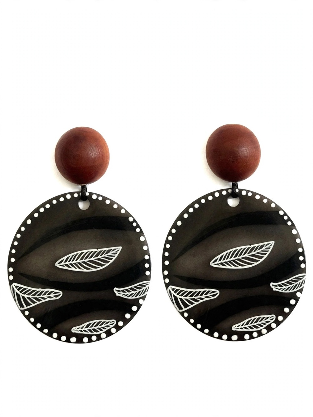 NWT Black White Handmade Shell Disc Dangle Earrings Wood Studs S925 E101